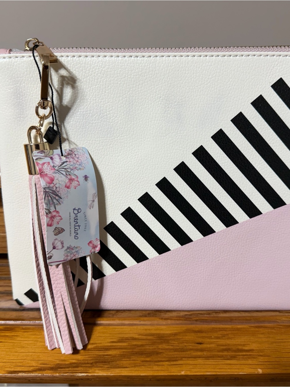 Floral Tag Pink & White Striped Leather Wristlet Clutch
